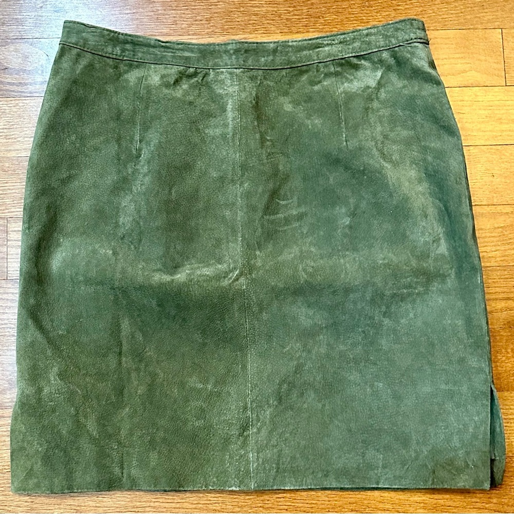 Vtg 90’s Paul Harris Olive Green Suede Leather Side Slits Skirt Sz 16